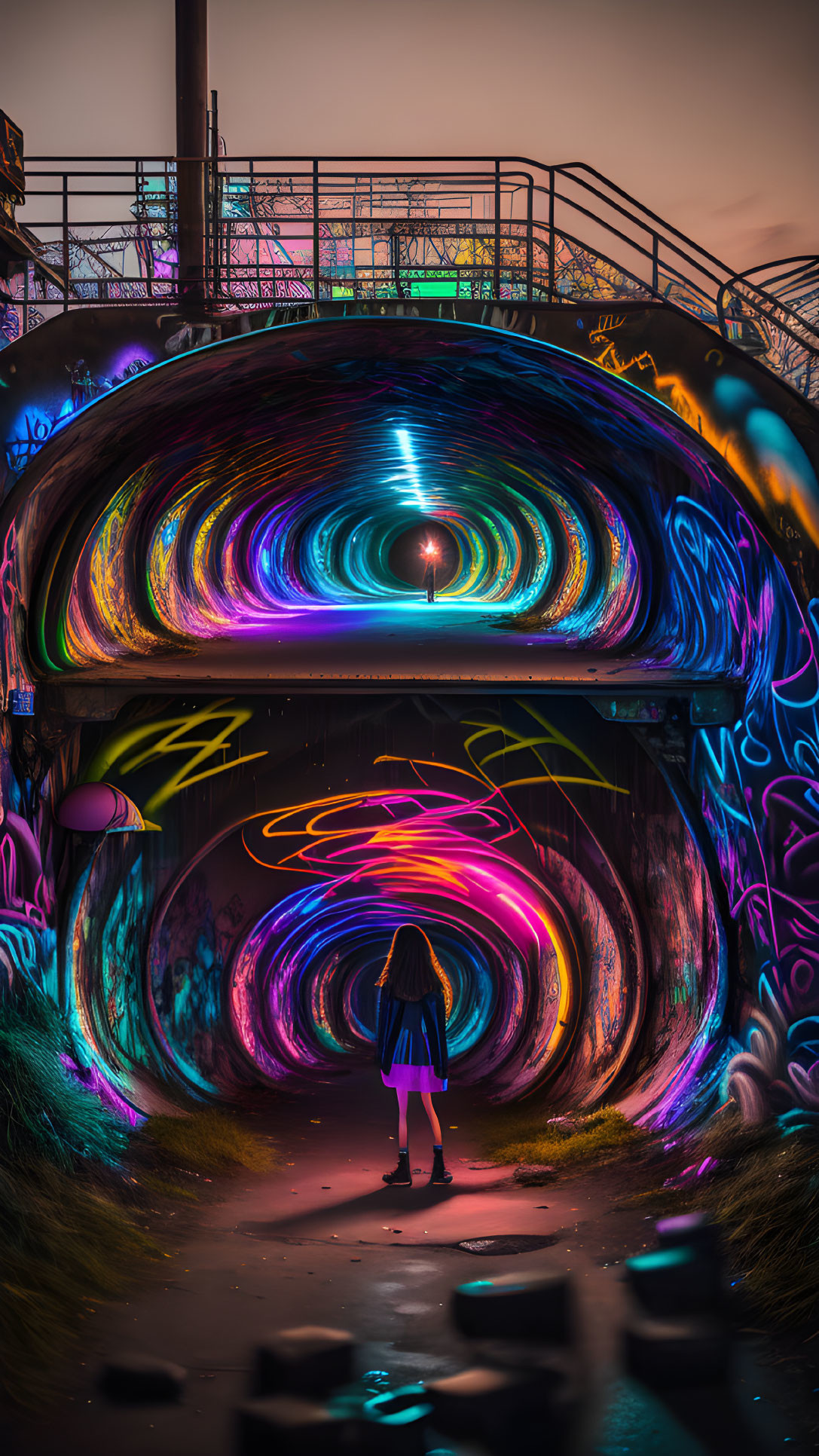 Person in Graffiti-Covered Tunnel with Neon Lights and Umbrella