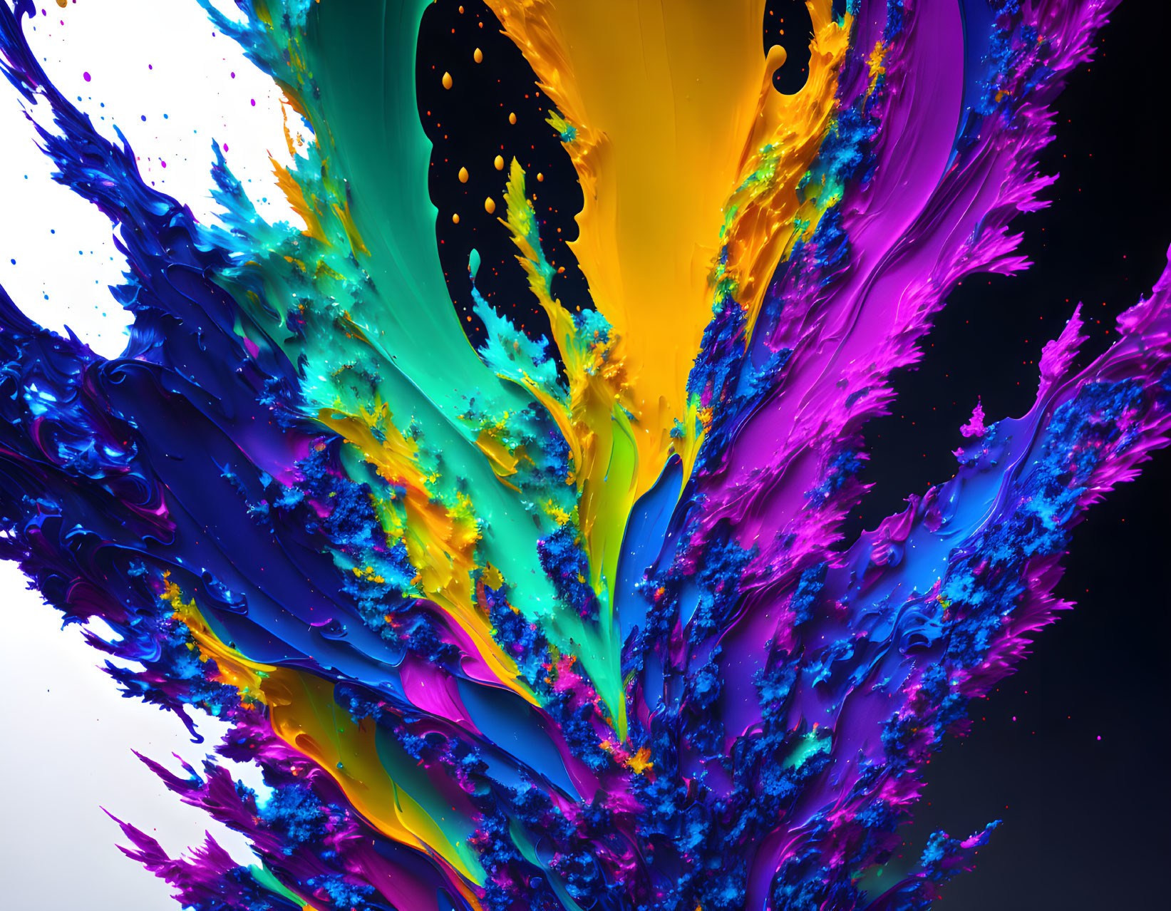 Colorful paint splashes in vibrant blues, greens, yellows, and purples