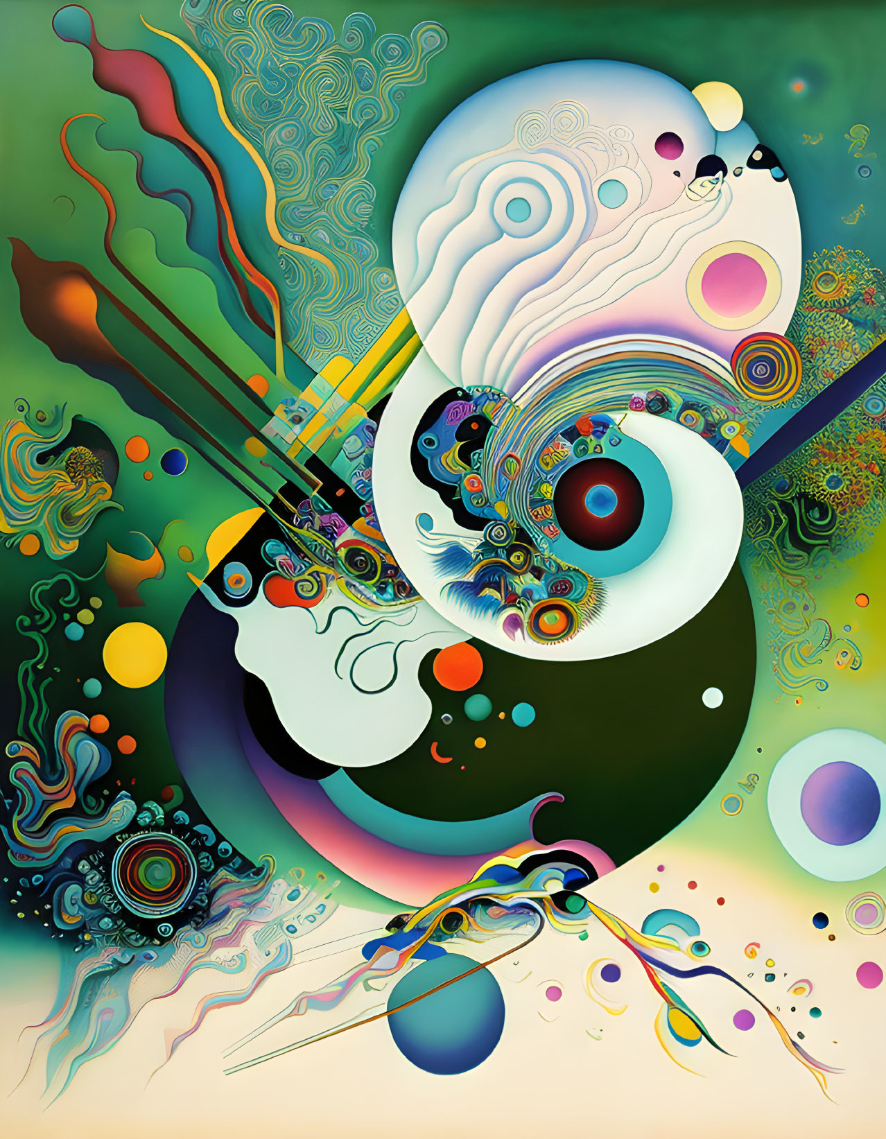 Vibrant Abstract Painting with Swirls, Circles, and Lines