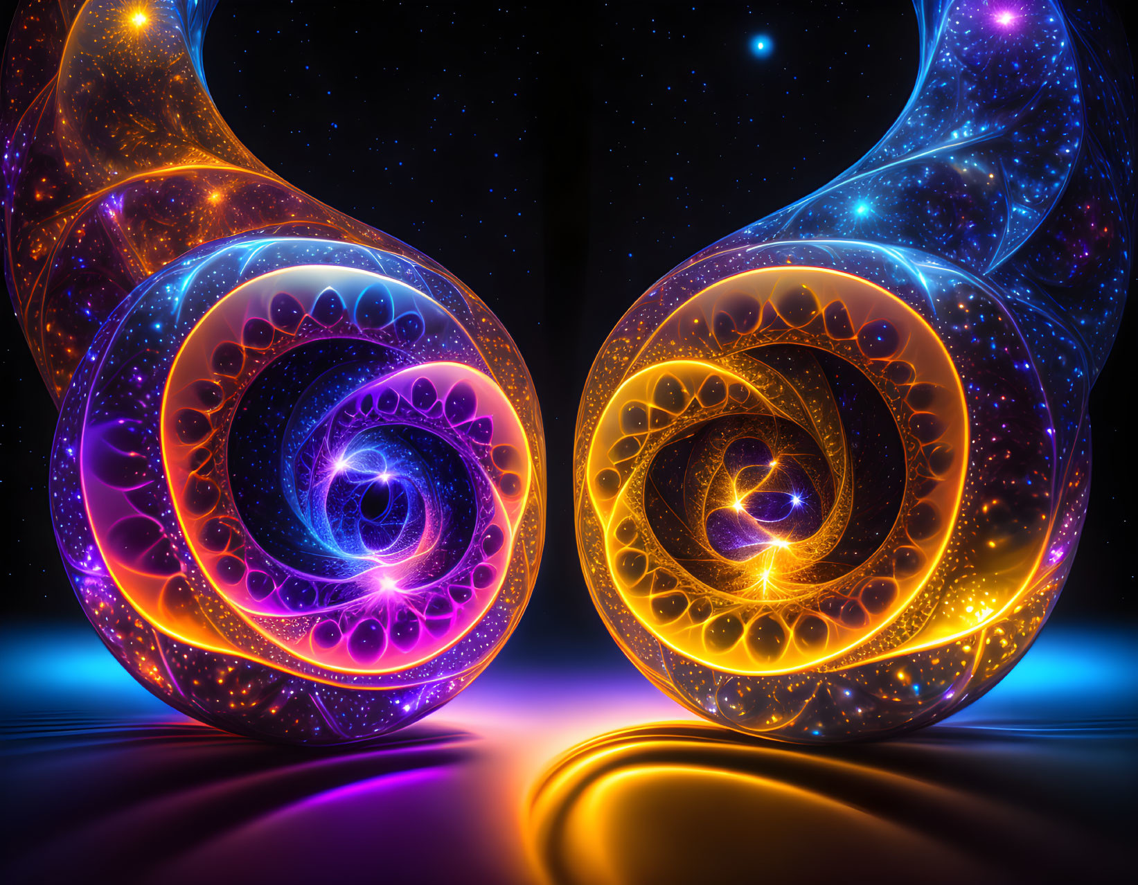 Colorful Fractal Art: Swirling Shapes in Orange and Blue on Cosmic Background