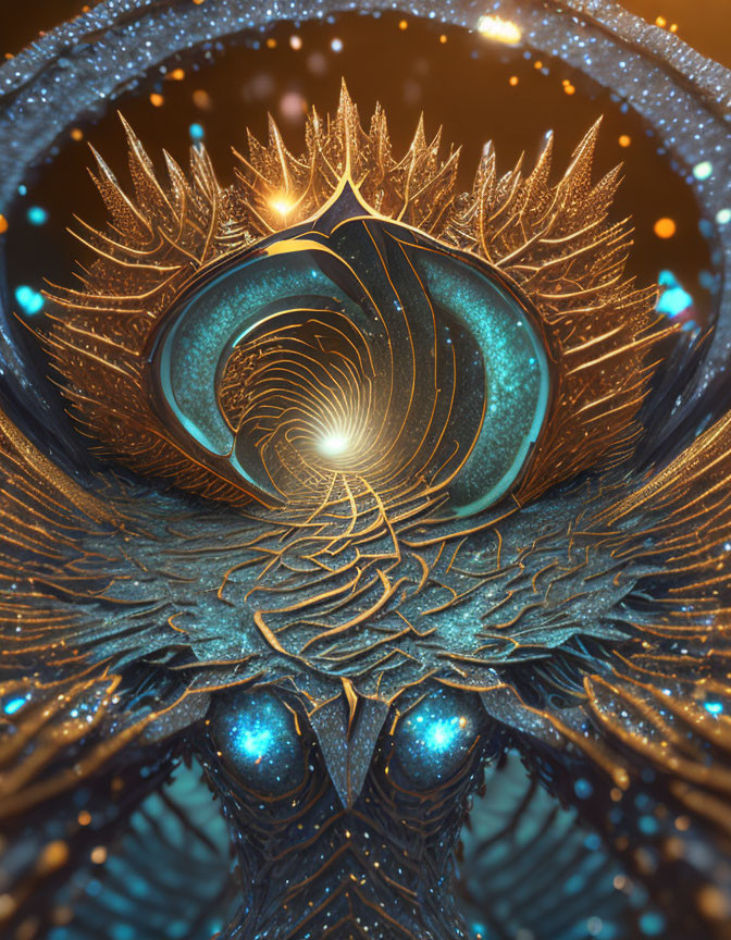 Fractal-inspired eye design with vibrant blue and golden hues