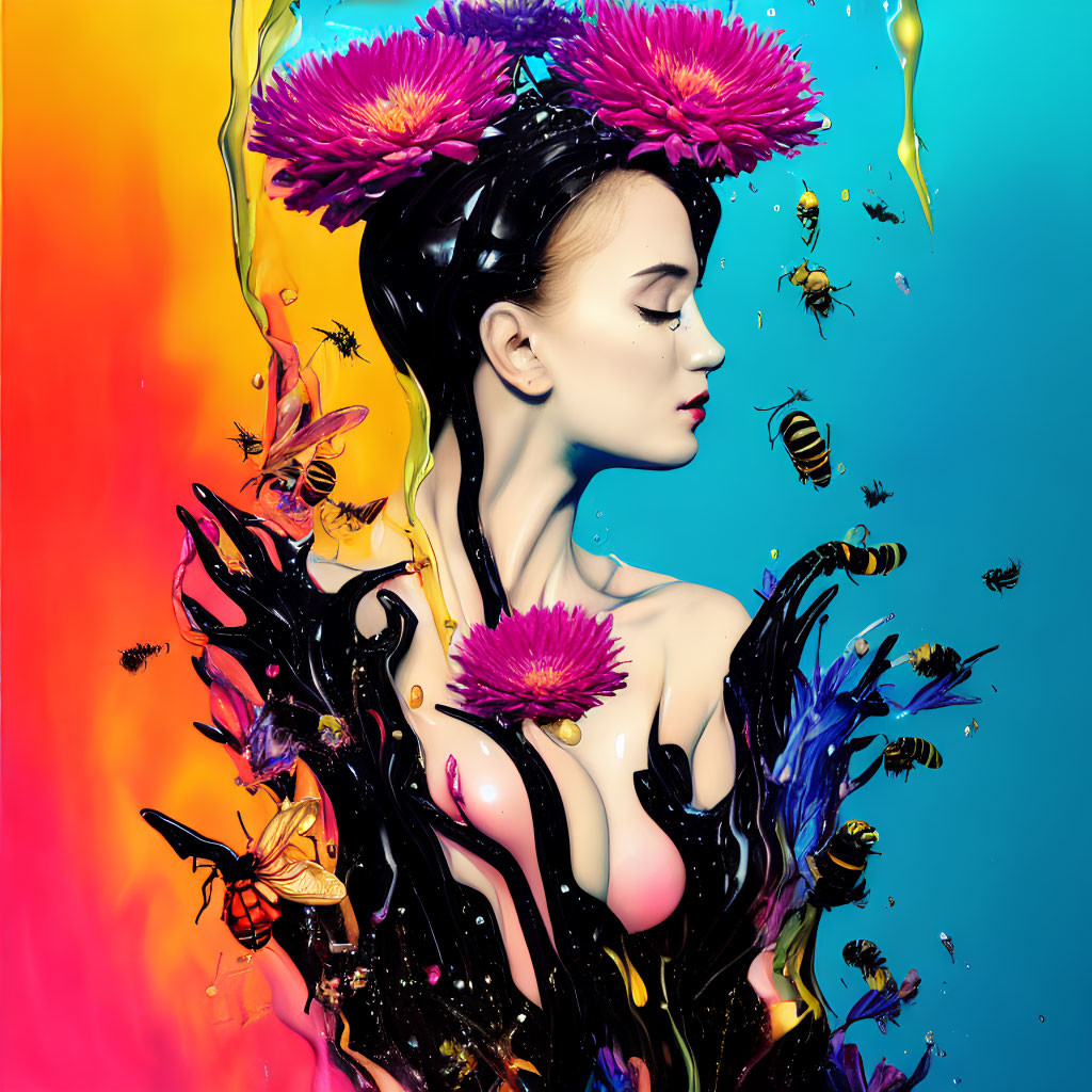 Vibrant portrait of woman with purple flowers and bees on colorful background