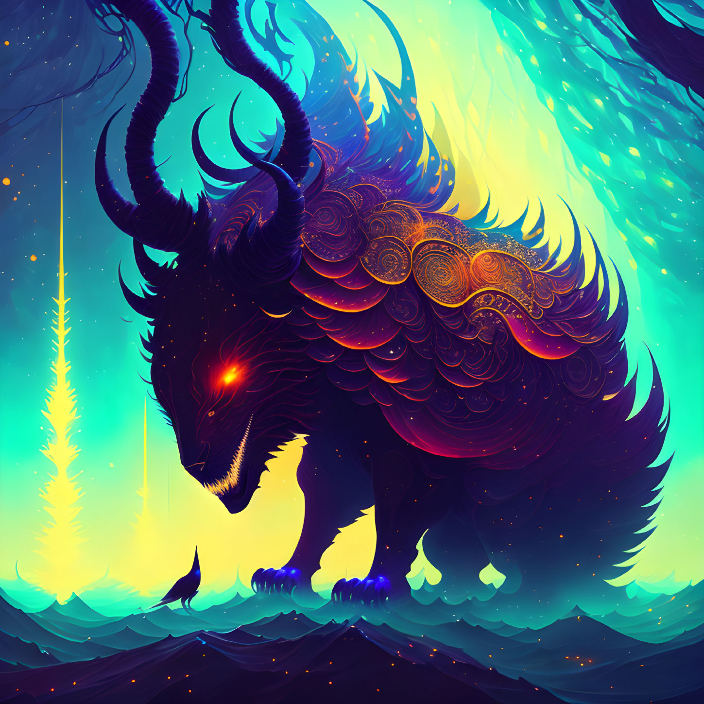 Colorful mythical creature with glowing eyes and ornate horns in neon-lit landscape