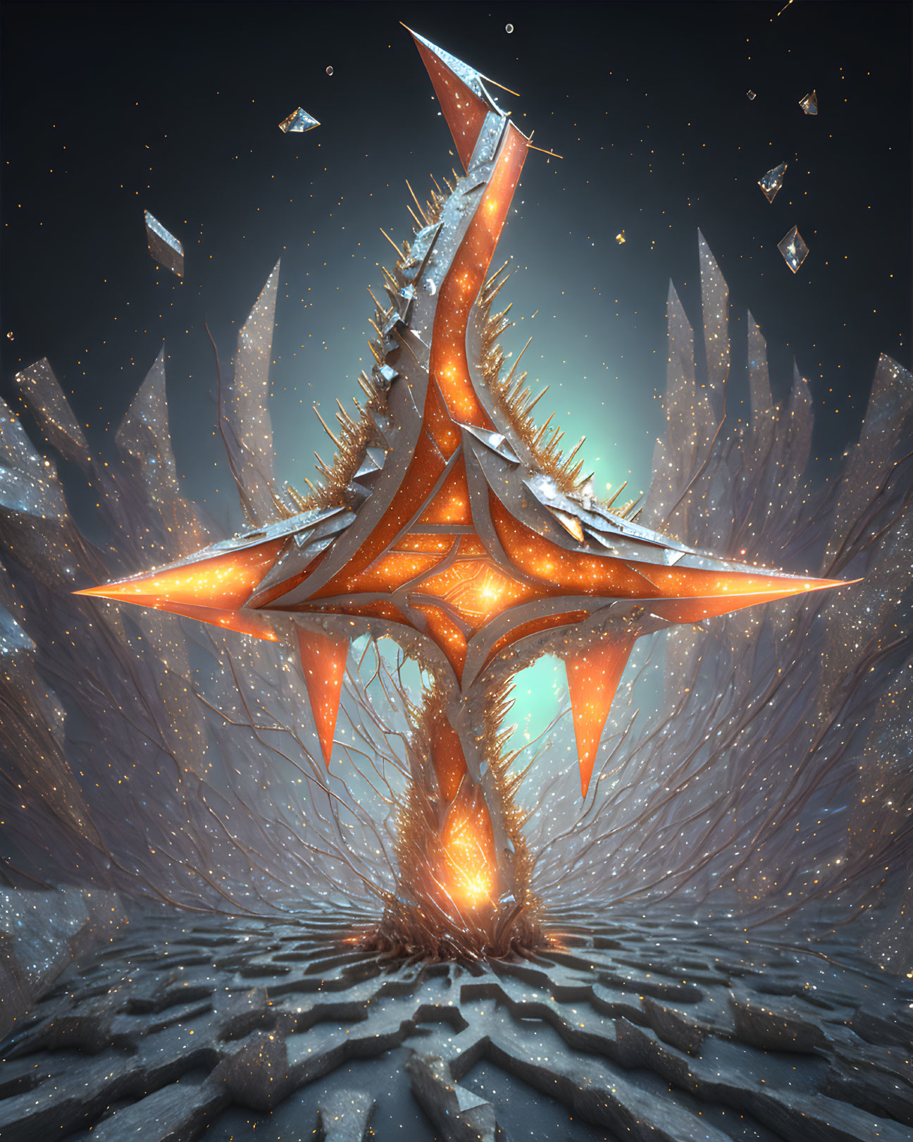 Futuristic glowing tree in mystical landscape with floating rocks