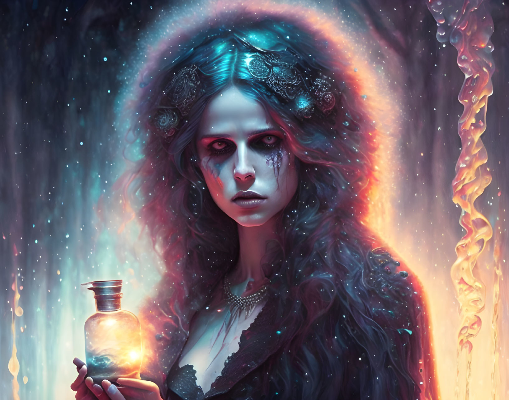 Mystical woman with glowing aura holding a light-emitting bottle