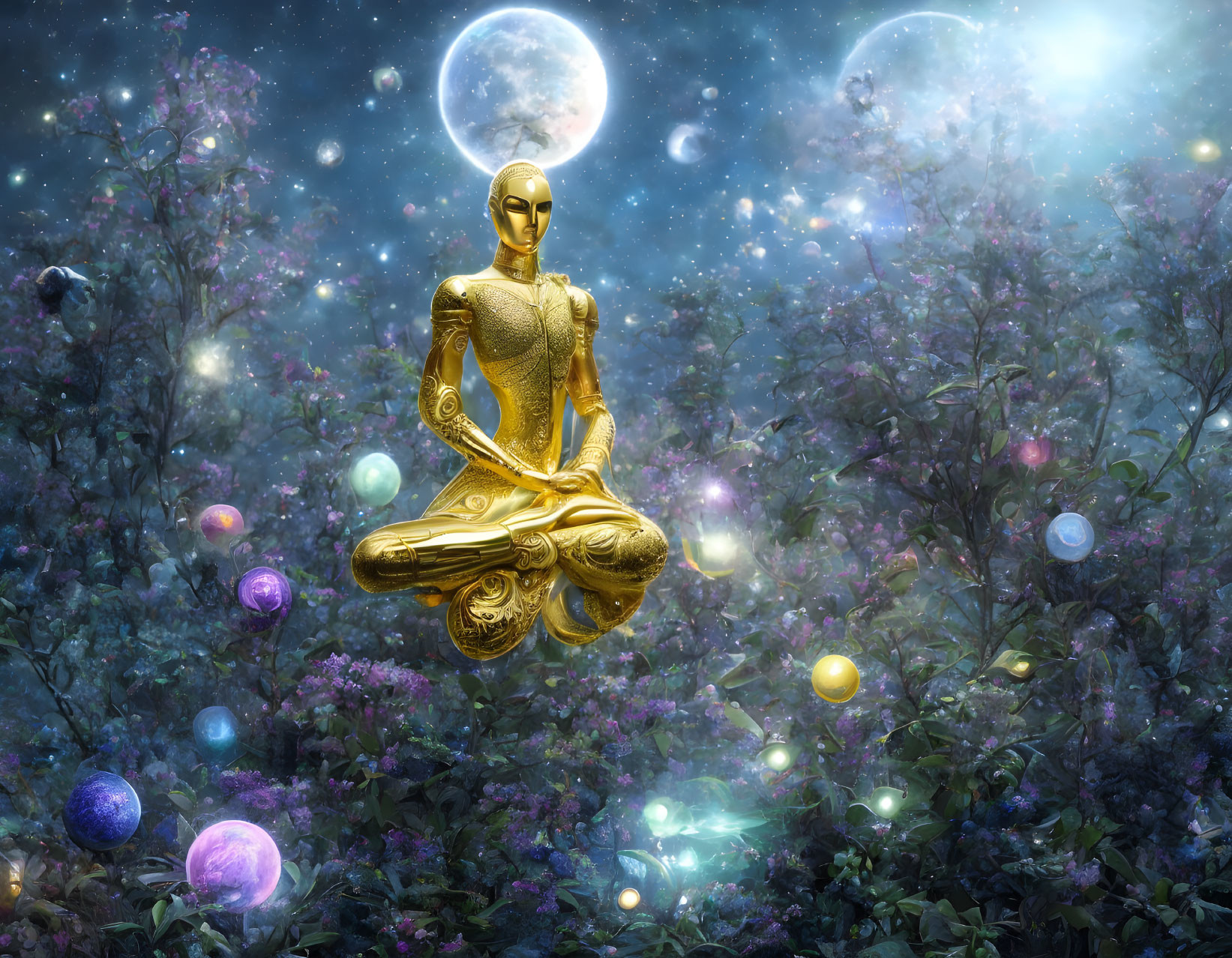 Golden humanoid meditating in ethereal landscape with orbs and moons