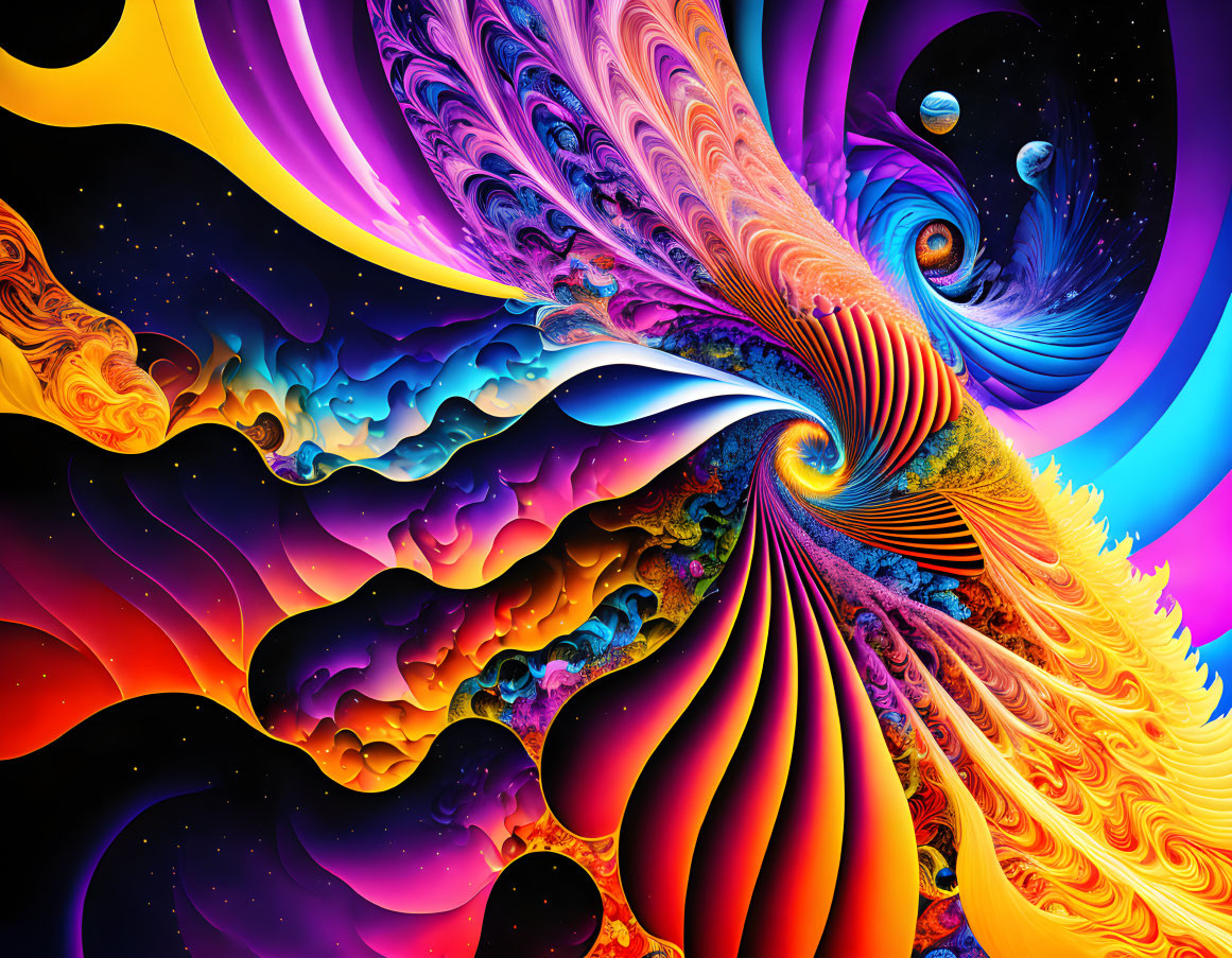 Colorful Abstract Artwork: Swirling Patterns, Waves, Celestial Bodies, Fractal Elements