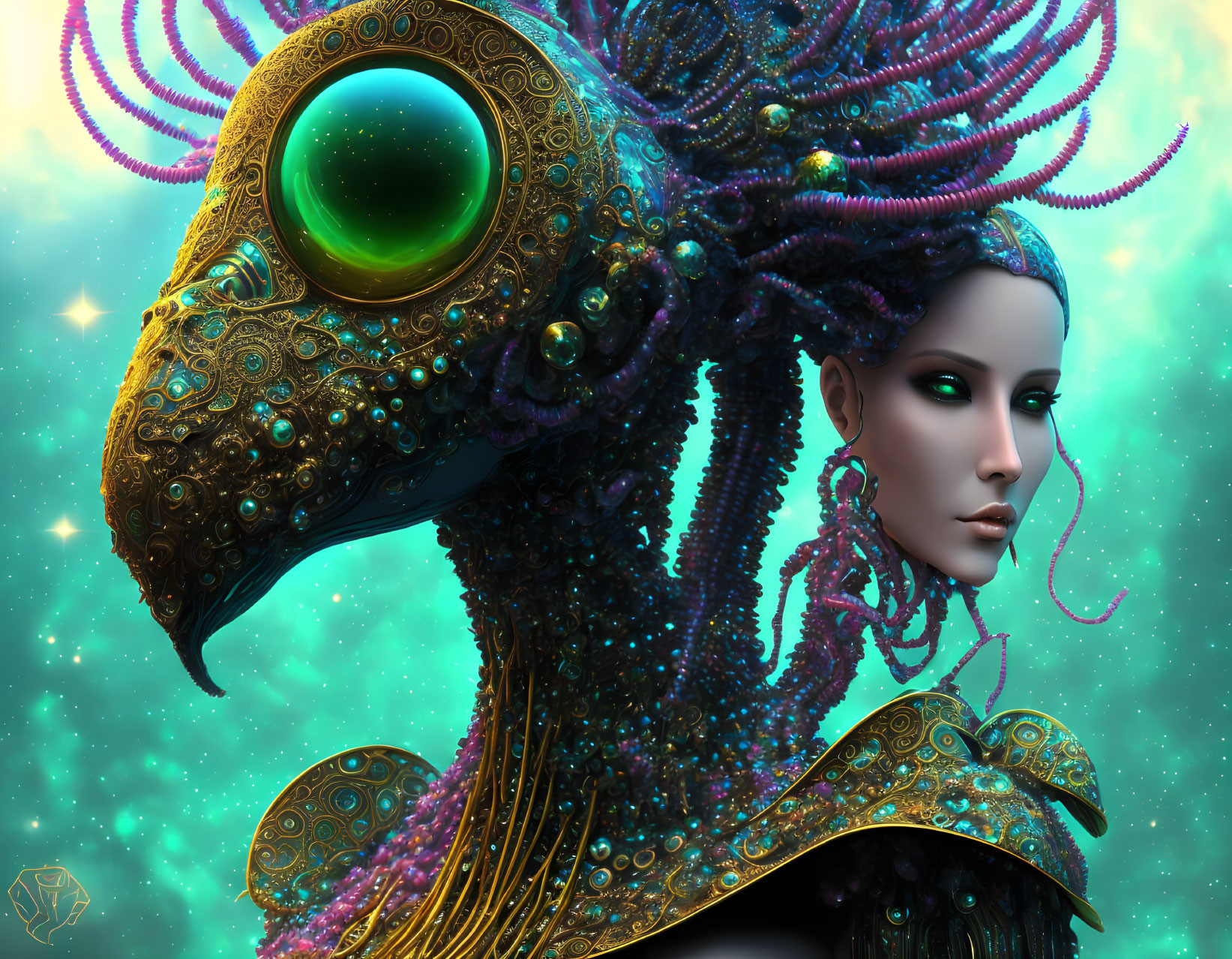 Woman with Peacock-Inspired Headpiece in Digital Art