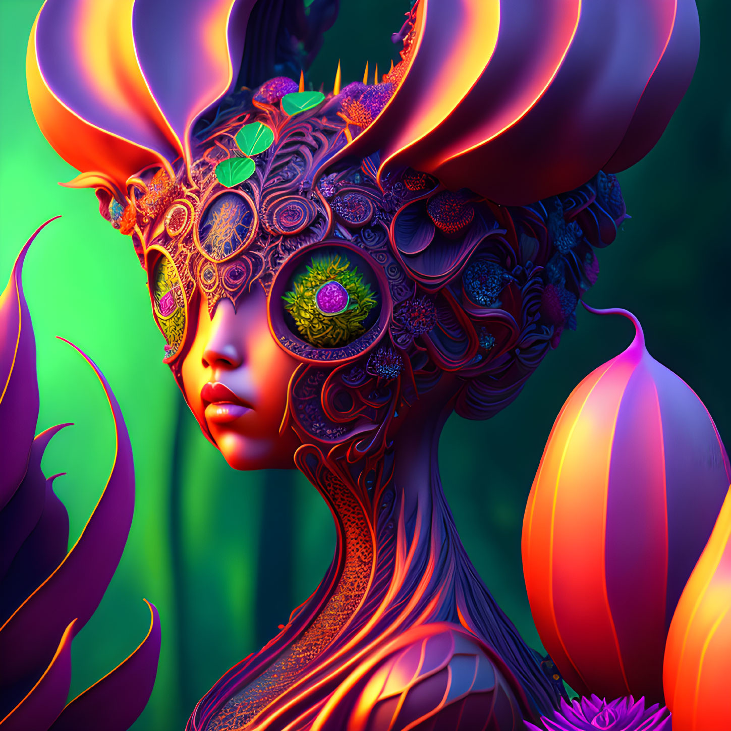 Colorful digital artwork: Female figure with ornate headgear in reds, greens, and pur