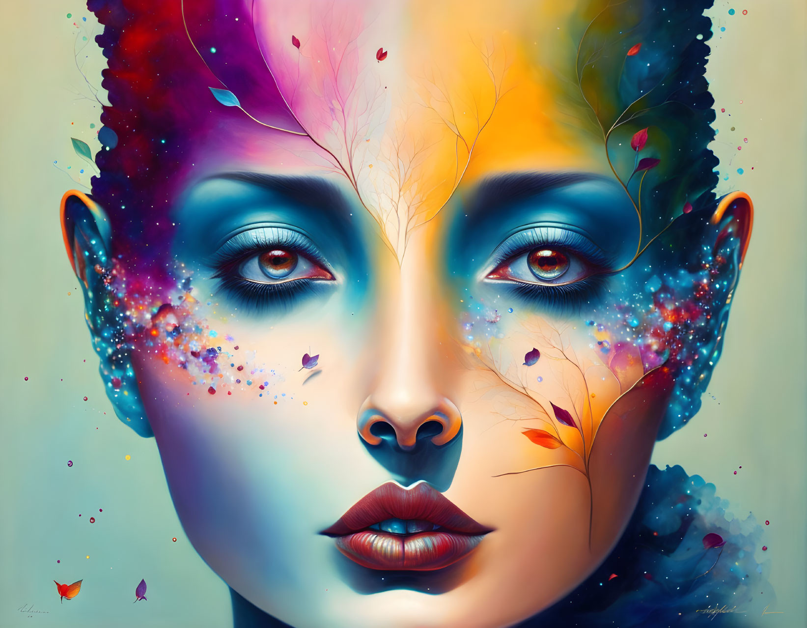 Colorful cosmic paint splashes on woman with integrated foliage - surreal portrait