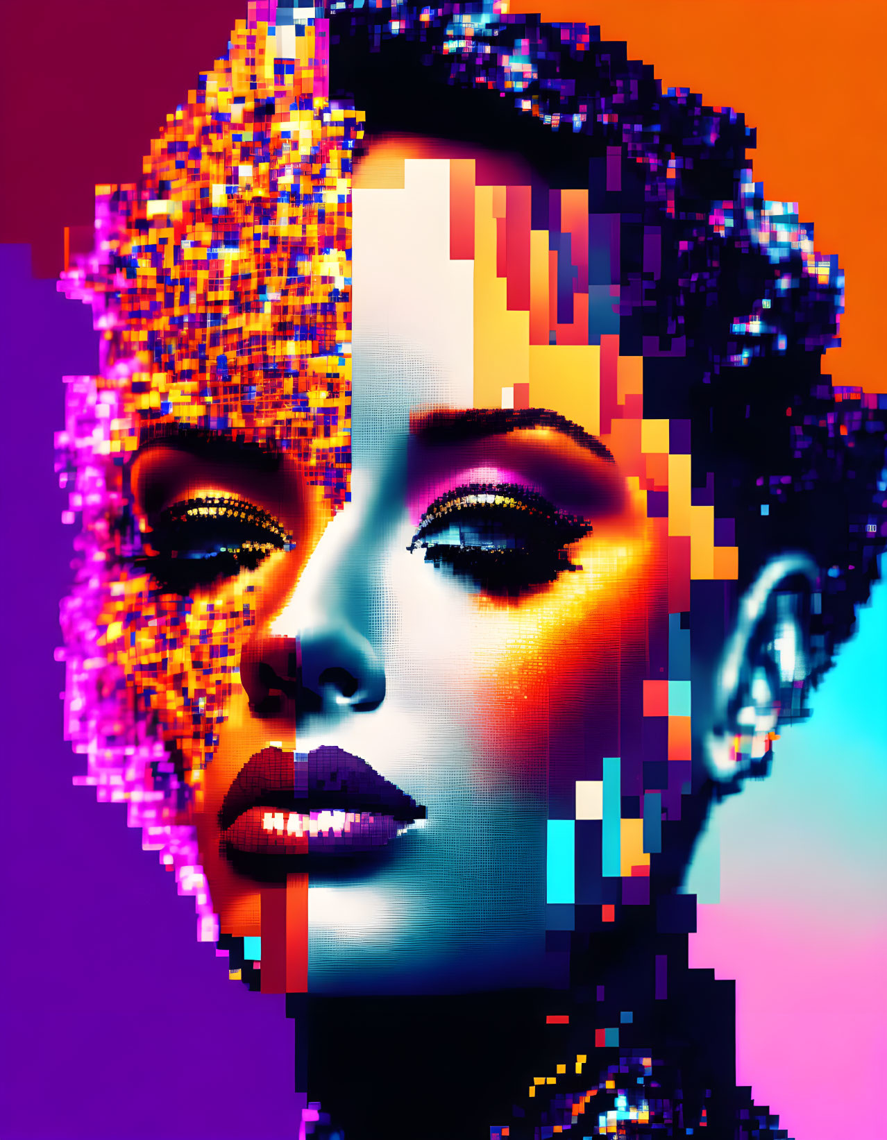 Vibrant glitch-art style woman portrait on gradient background