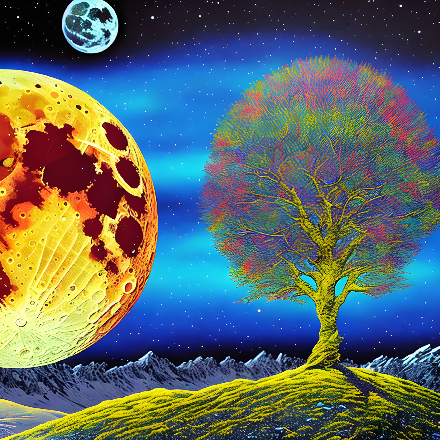 Colorful Tree on Hill with Snowy Mountains, Yellow-Red Moon, Blue Moon, Starry