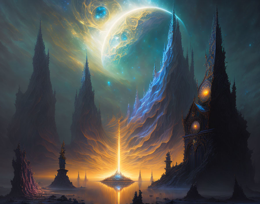 Fantastical landscape with towering spires and radiant light beam