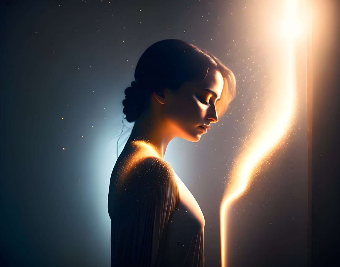 Profile of a Woman in Glowing Light Against Dark Starry Background