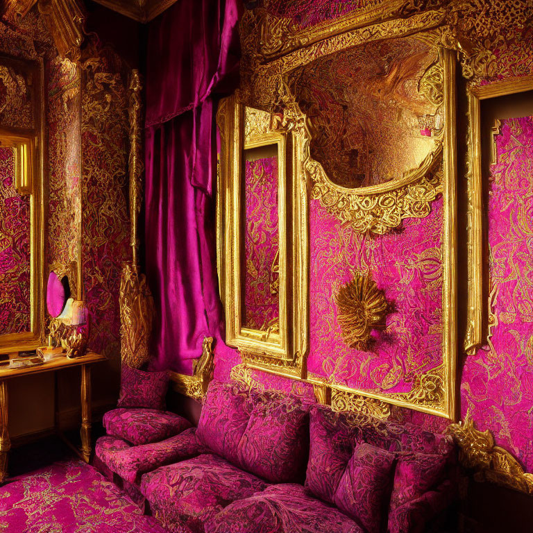 Luxurious Historic Room with Magenta Upholstery and Gold Ornate Decor