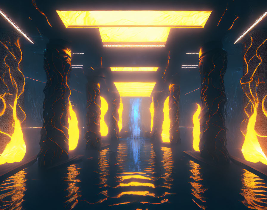 Futuristic illuminated corridor with neon patterns and sculptures