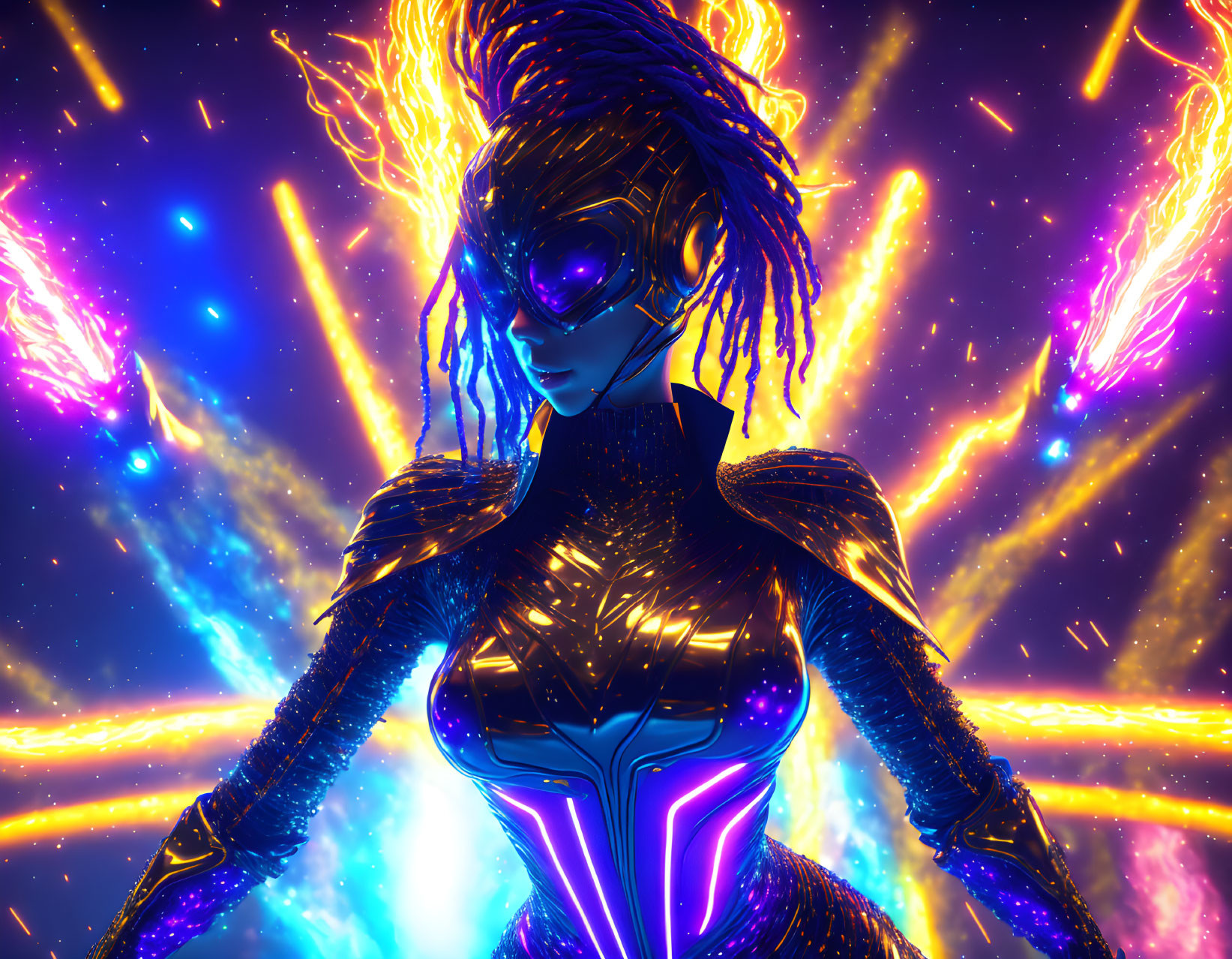 Cybernetic woman with glowing blue eyes in cosmic setting