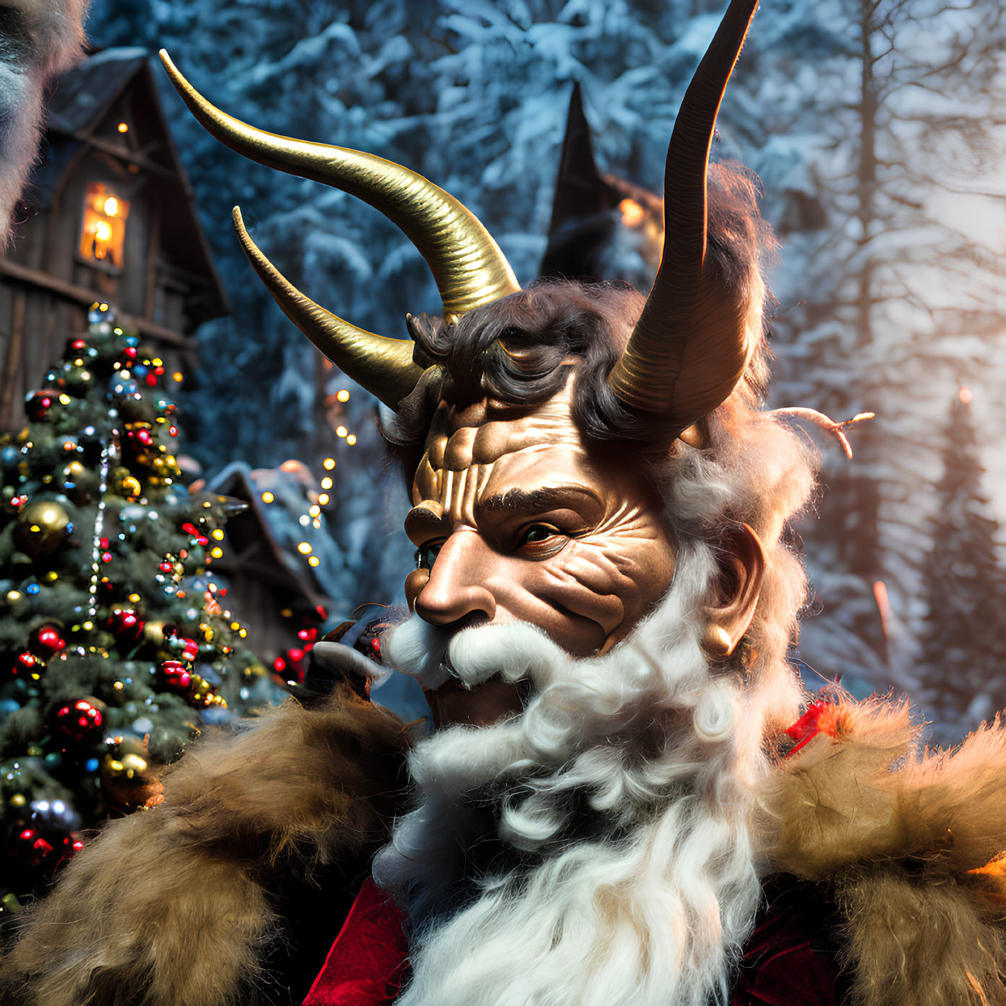 Mythical creature with horns and white beard by Christmas tree