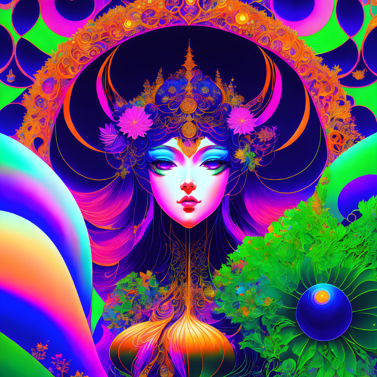 Colorful digital art of mystical woman with intricate headgear and psychedelic patterns.