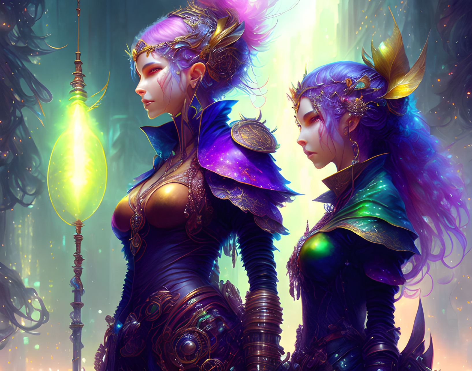 Ethereal women with purple hair and intricate armor by glowing lantern