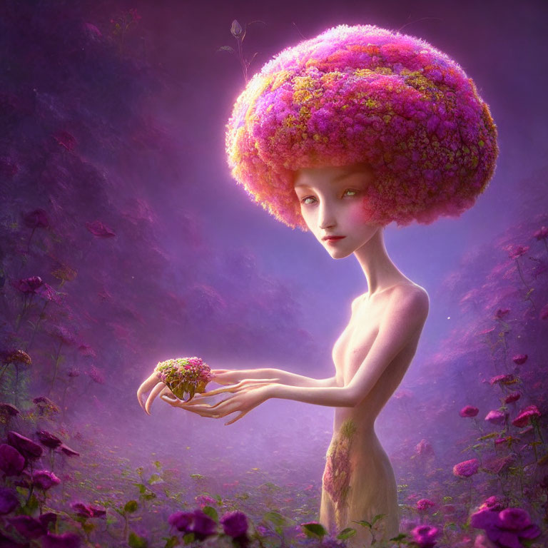 Mystical female character with vibrant pink floral afro in purple flower field