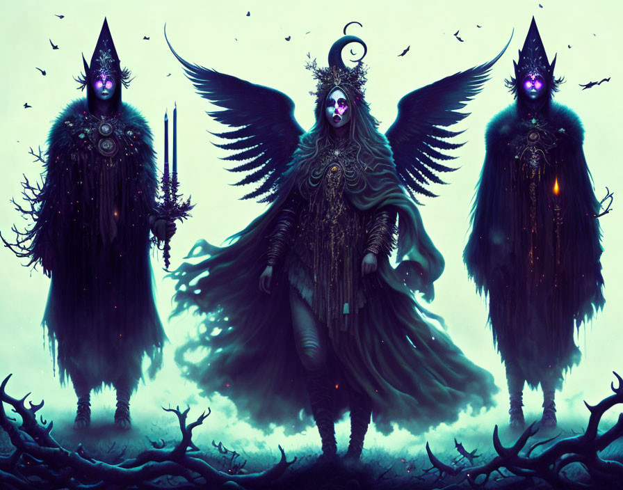 Mystical figures with black wings and masks in ethereal forest