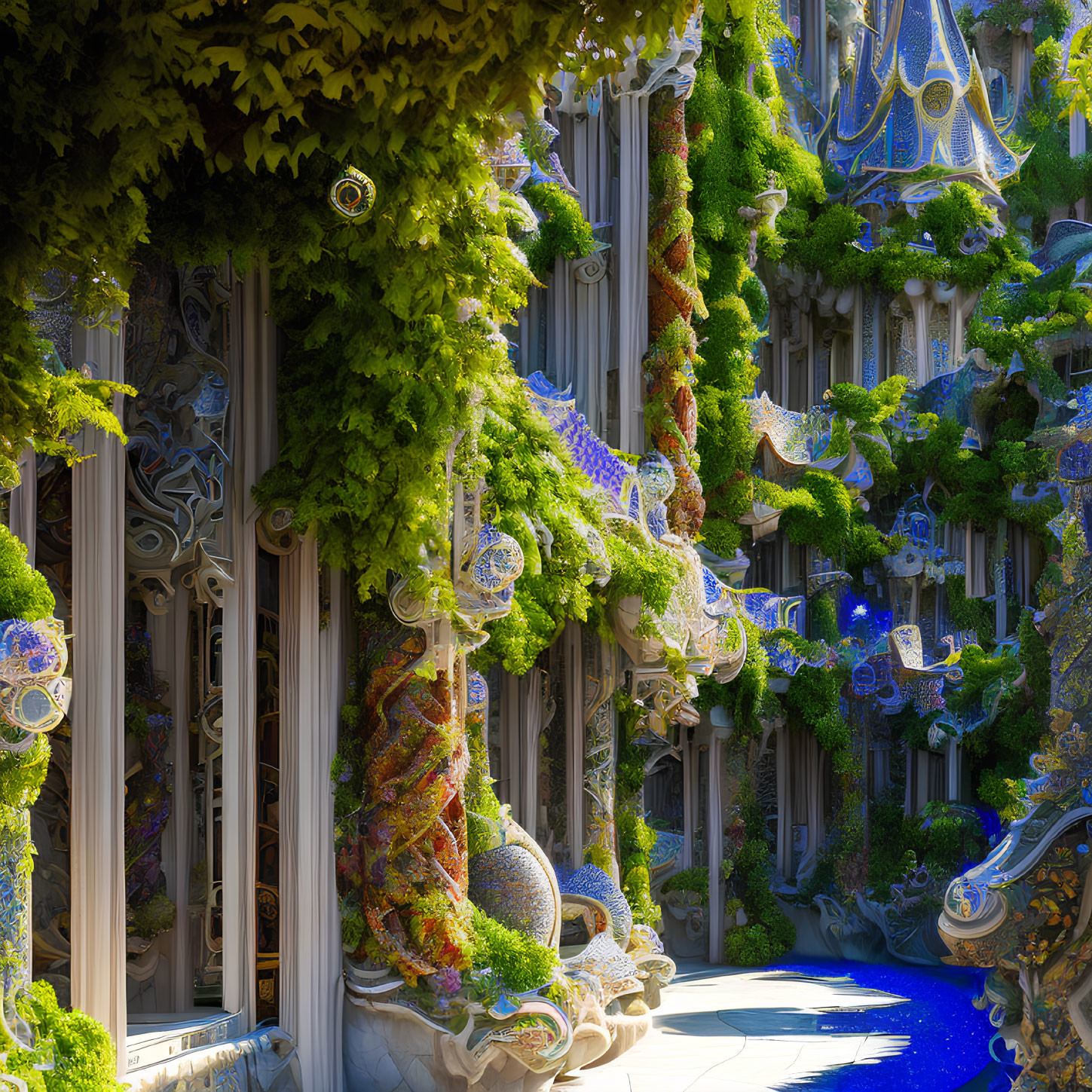 Lush Greenery Surrounds Ornate Columns and Mosaic Sculptures