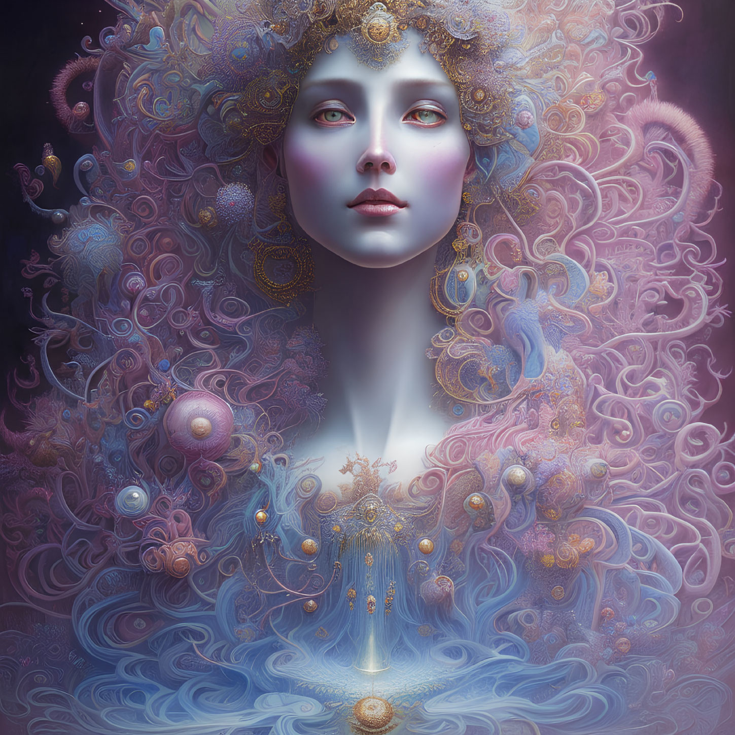 Pale-skinned woman in ethereal, swirling pastel patterns