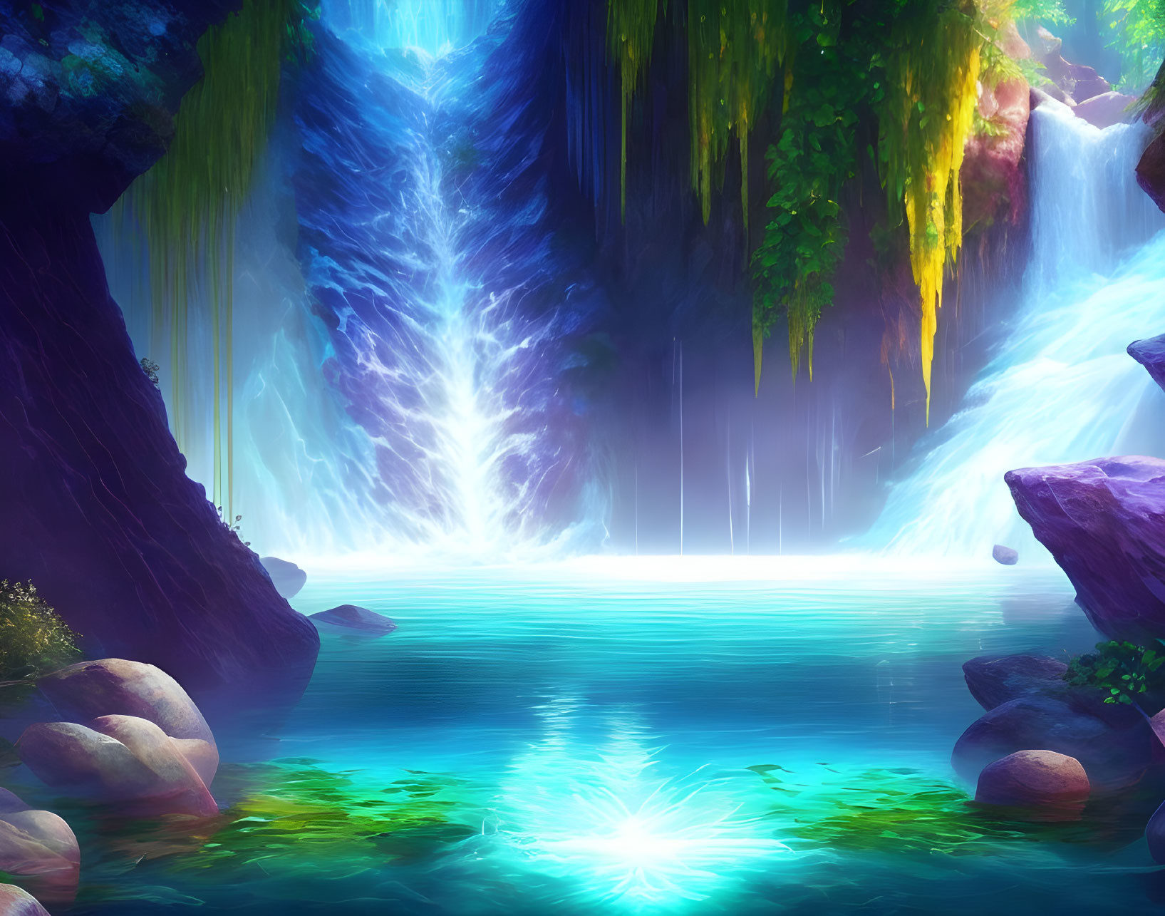 Vibrant fantasy waterfall with lush greenery and radiant blue pool