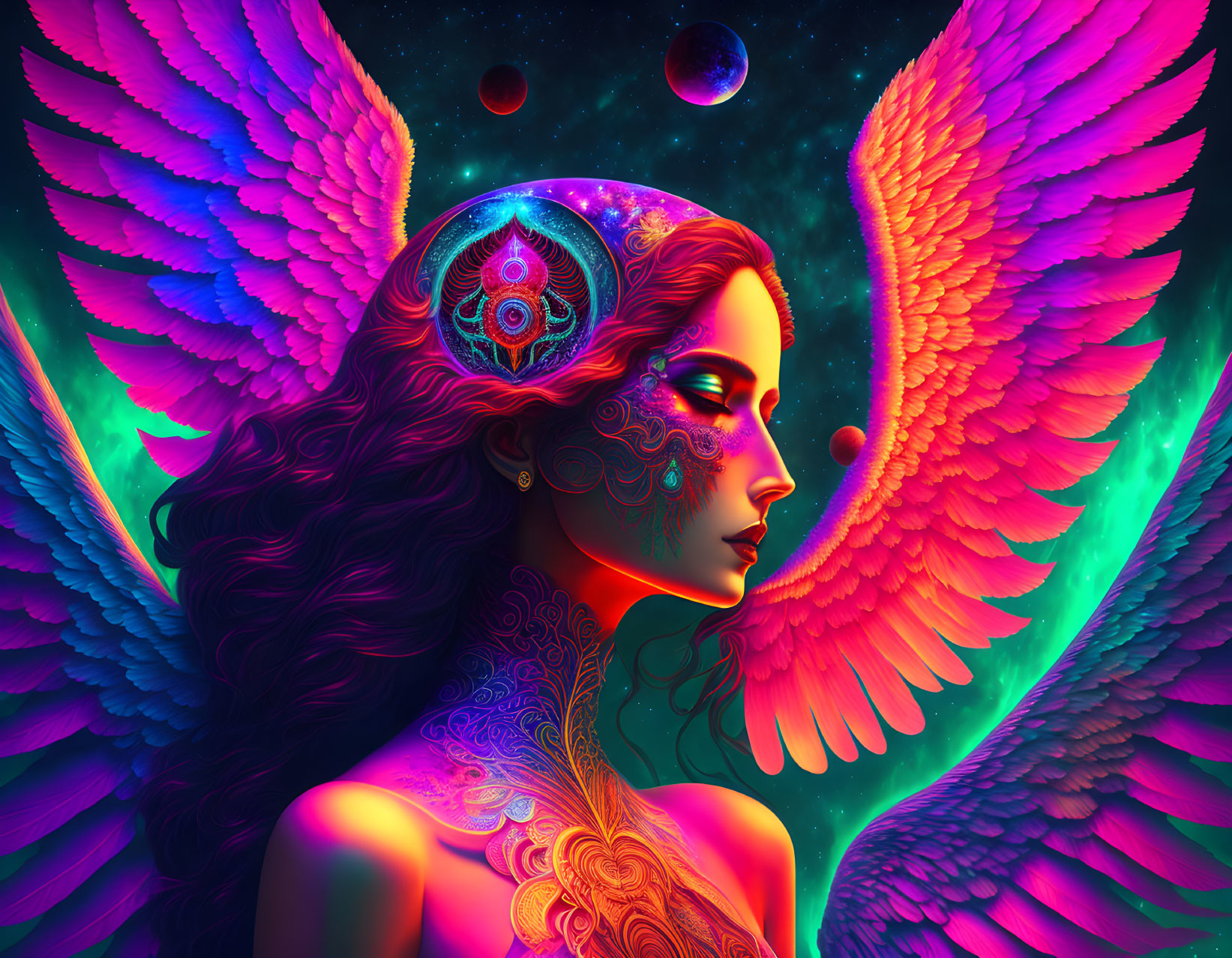 Vibrant illustration of woman with angelic wings in cosmic setting