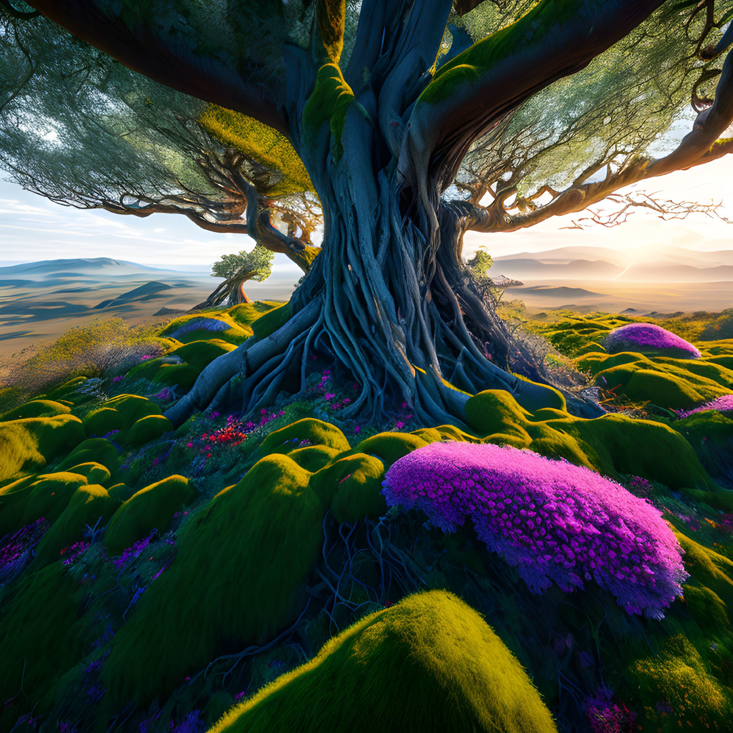 Expansive root system of a majestic tree on lush, hilly landscape at sunset