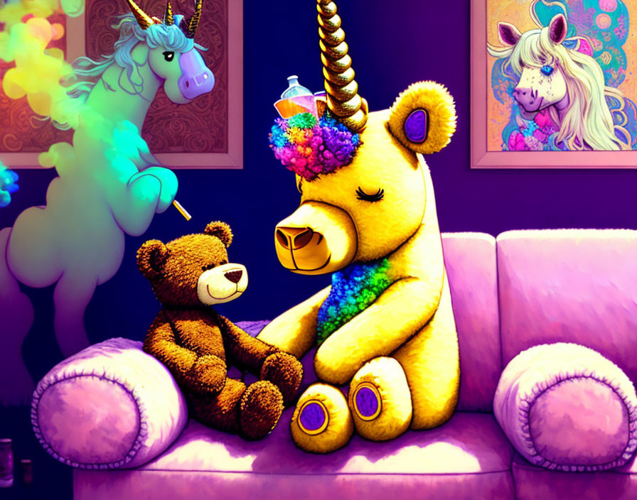 Colorful Teddy Bear with Rainbow Mane and Unicorn Horn on Purple Couch with Unicorn Wall Art