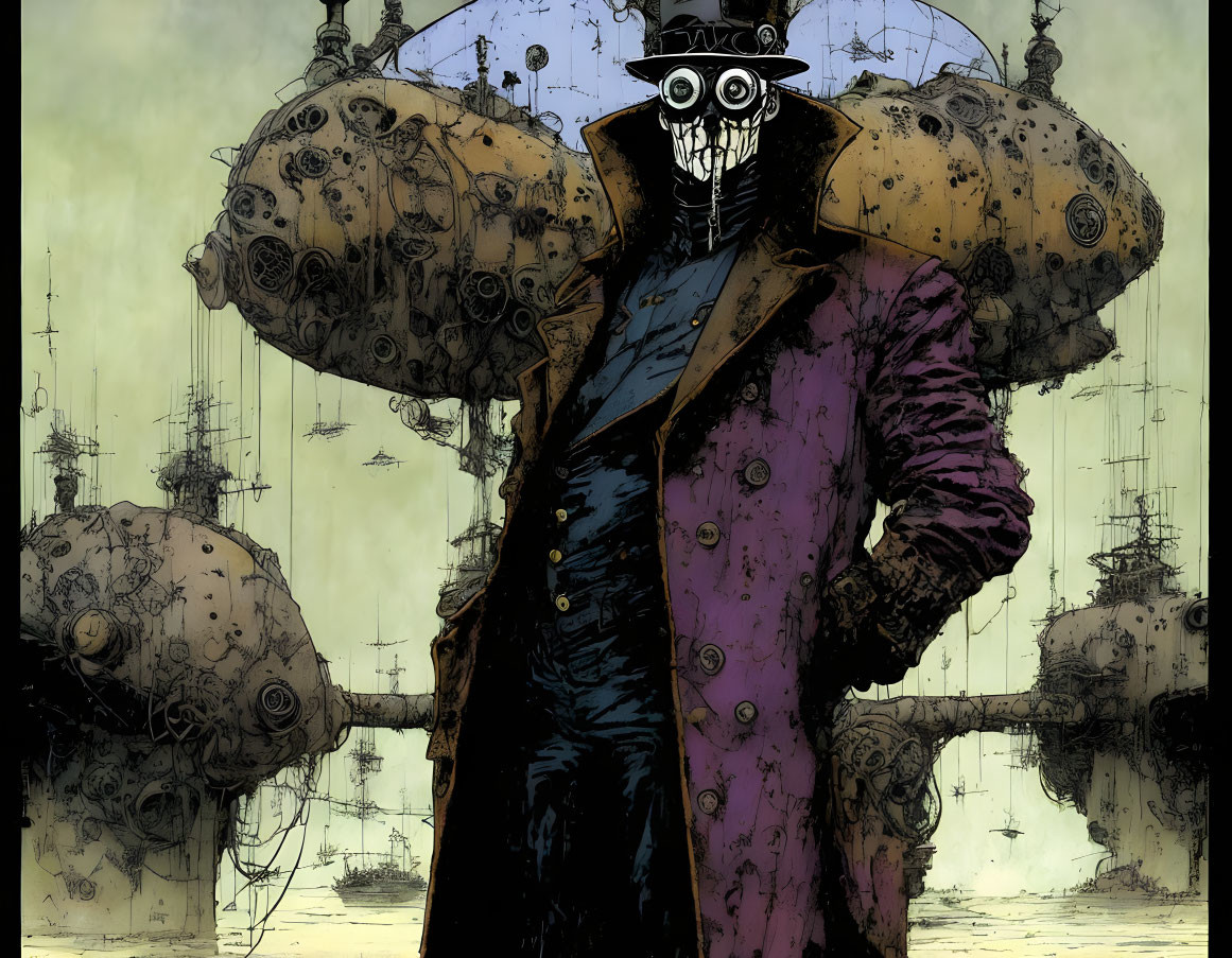 Character with skull mask, top hat, trench coat, and spherical structures.