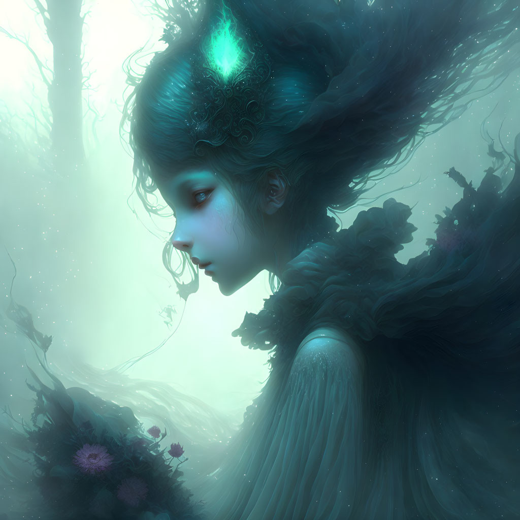 Mystical girl with glowing crown in enchanted forest