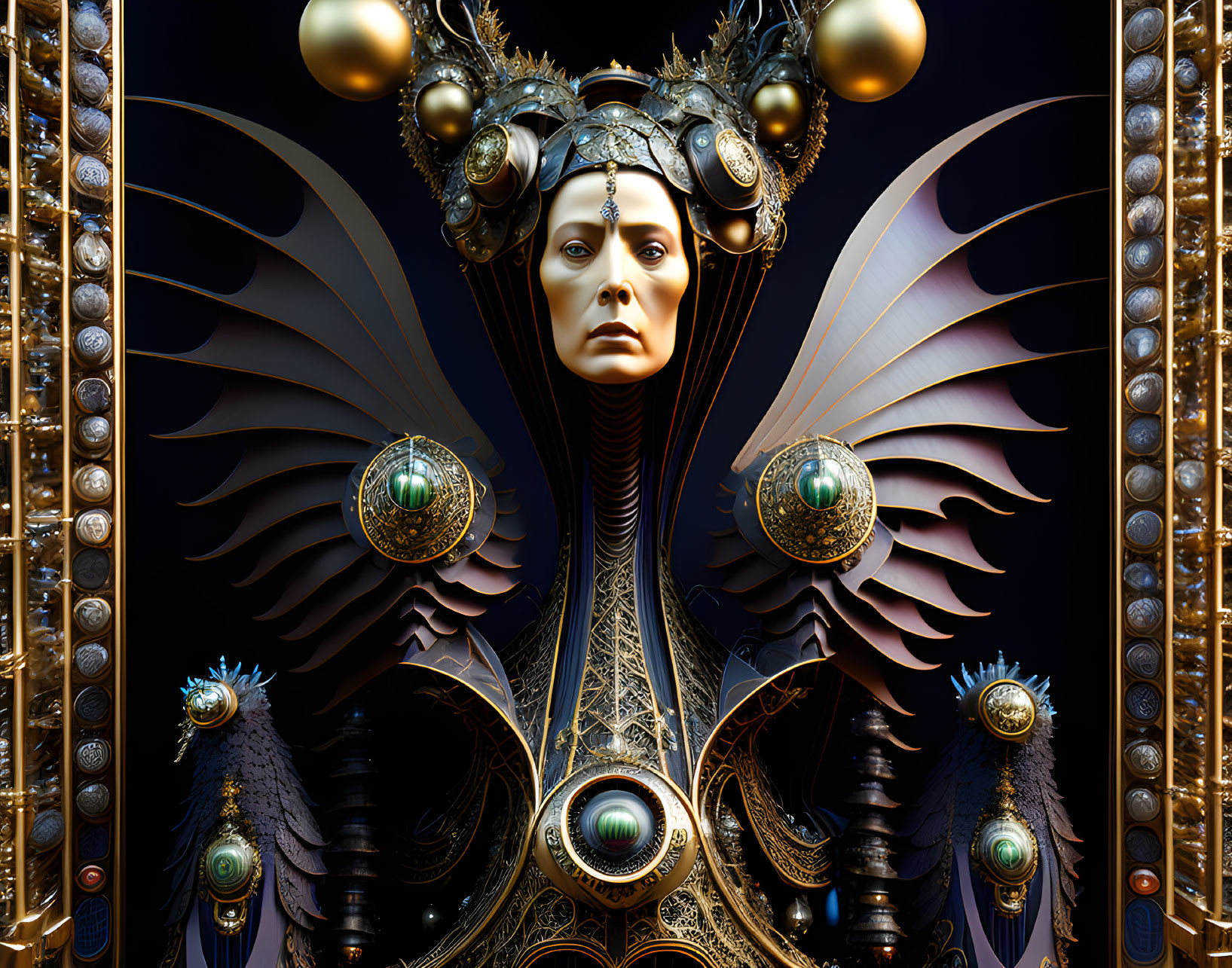 Regal royal figure with ornate armor and mechanical wings in digital art