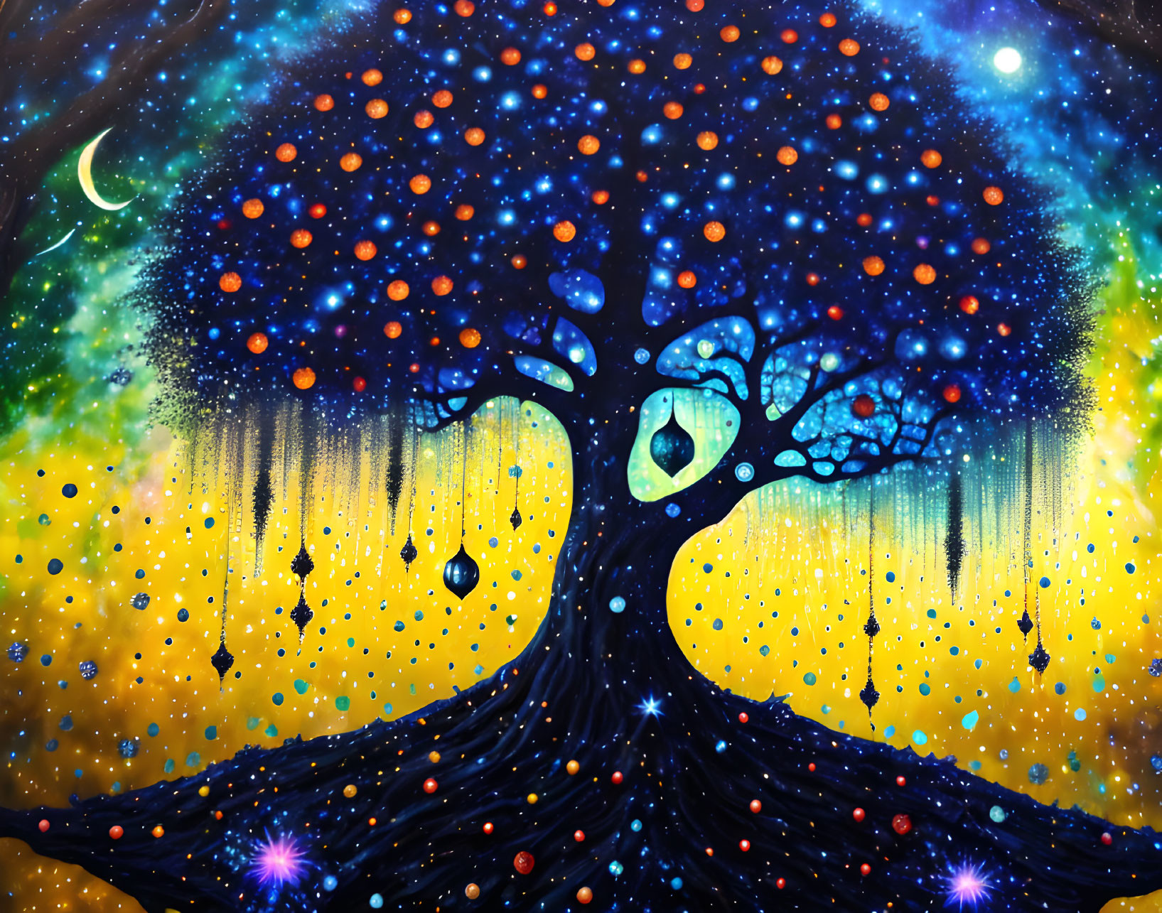 Colorful whimsical tree painting with cosmic background and crescent moon.