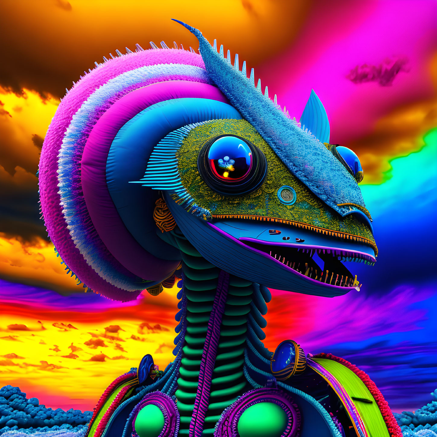 Surrealist creature with textured frills and sharp beak in psychedelic sky