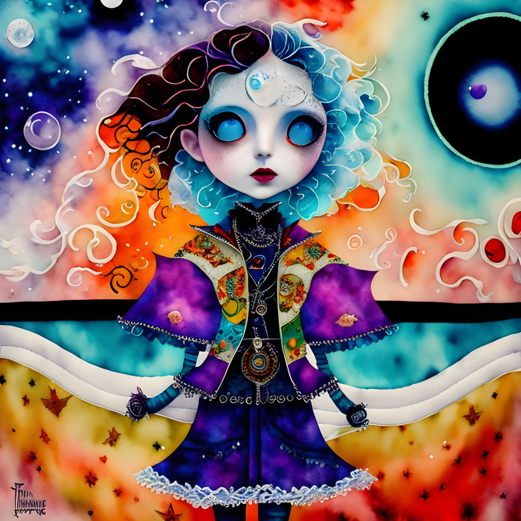 Illustration of doll-like character in cosmic background