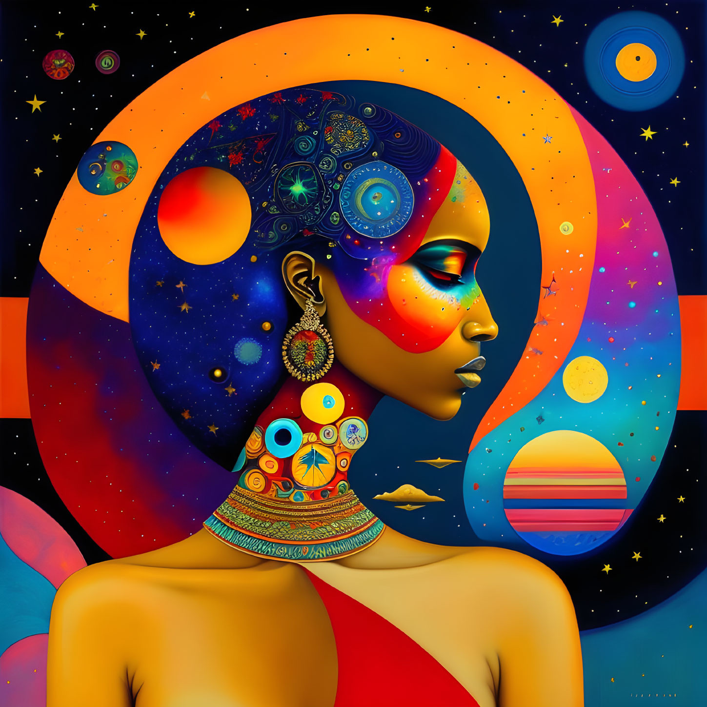 Surrealist portrait blending woman's profile with cosmic motifs