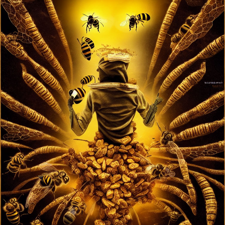 Person with Beehive Head Surrounded by Bees on Honeycomb Mound