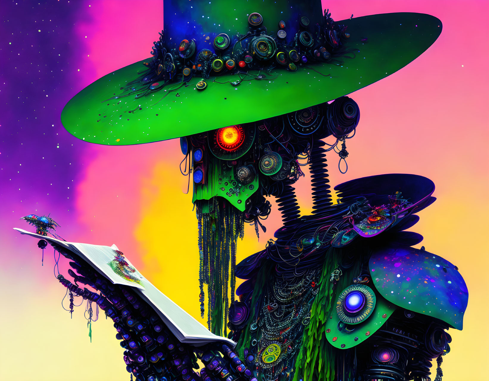 Colorful Psychedelic Creature with Wide-Brimmed Hat Reading Book