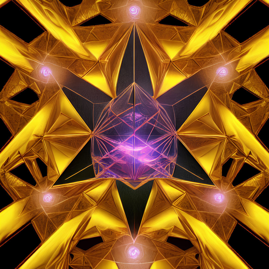 Abstract glowing purple geometric shape with golden patterns on black background