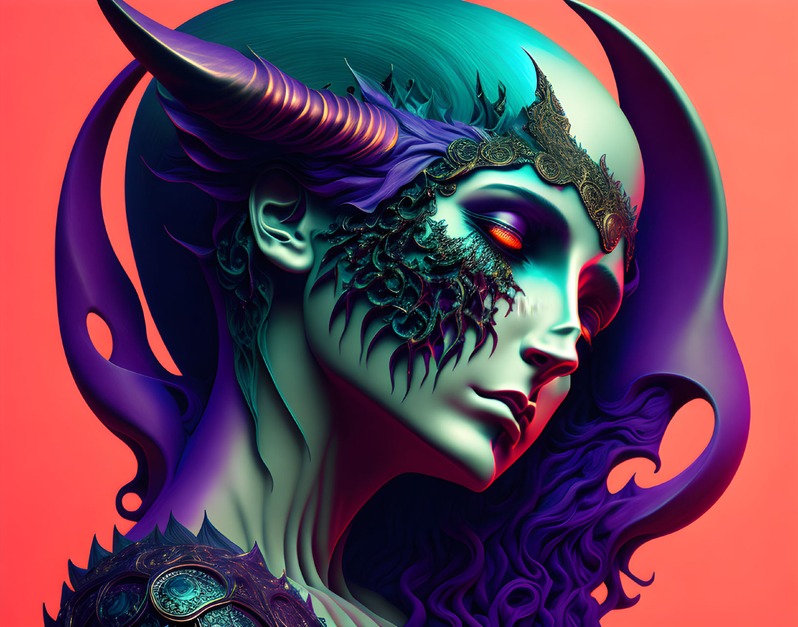 Fantasy digital artwork: Female character with horn, purple hair, mask, orange eyes, coral background