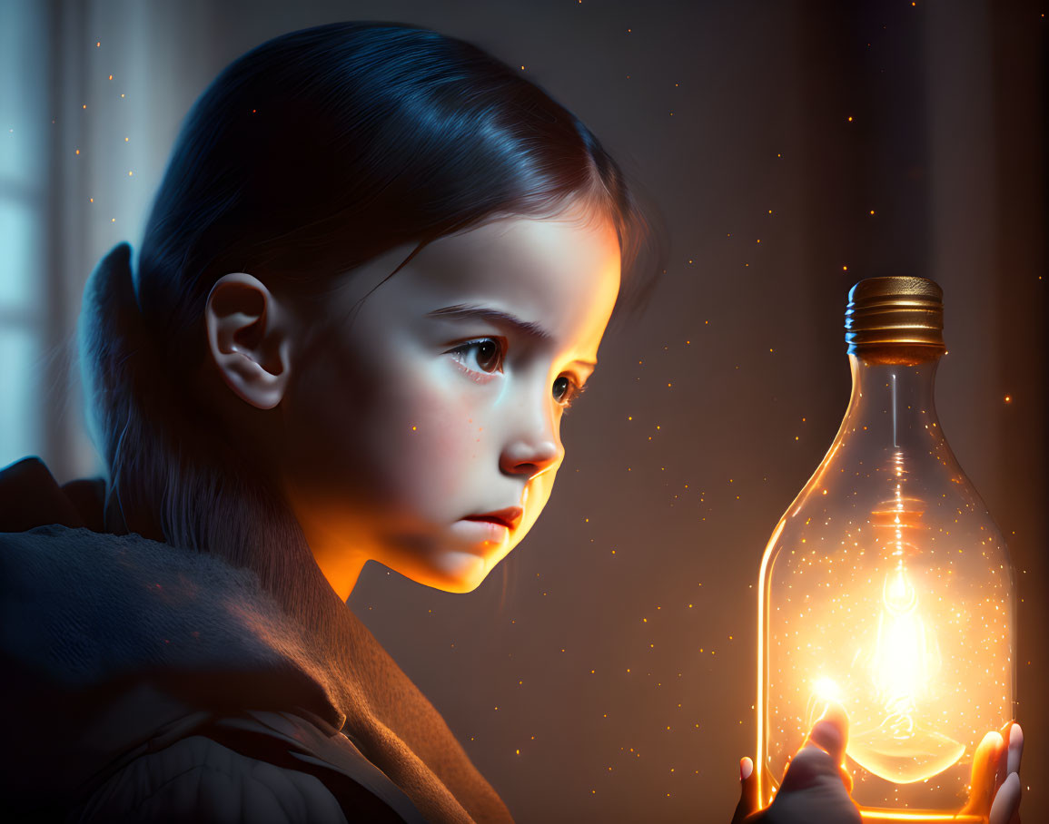 Child mesmerized by glowing light bulb in glass bottle