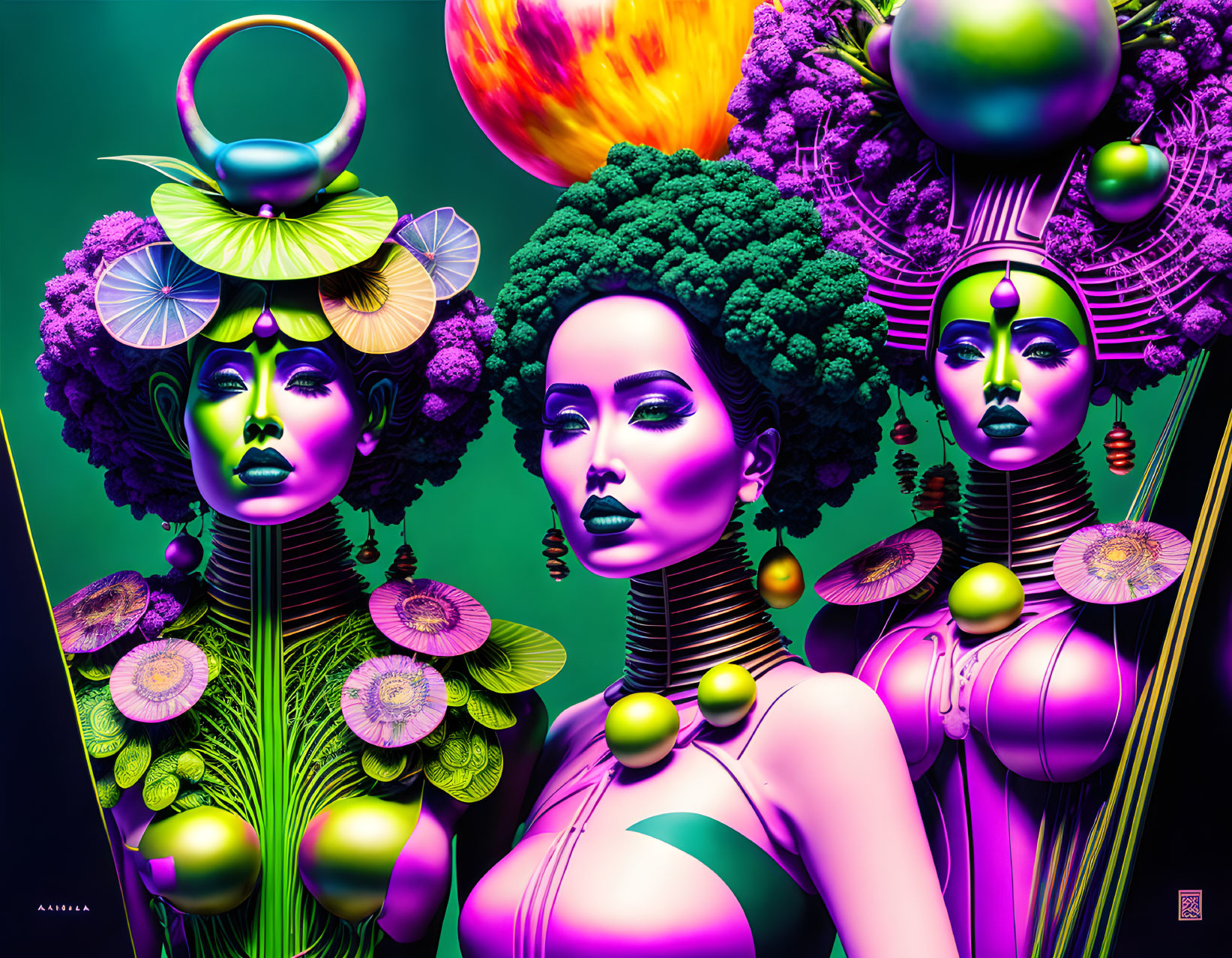 Colorful digital art of three women with unique headdresses and cosmic background.