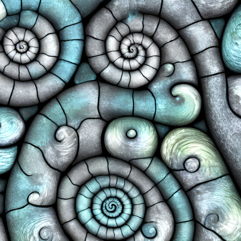 Abstract Spiral Shell Pattern in Blue and Gray with Textured Overlapping Design