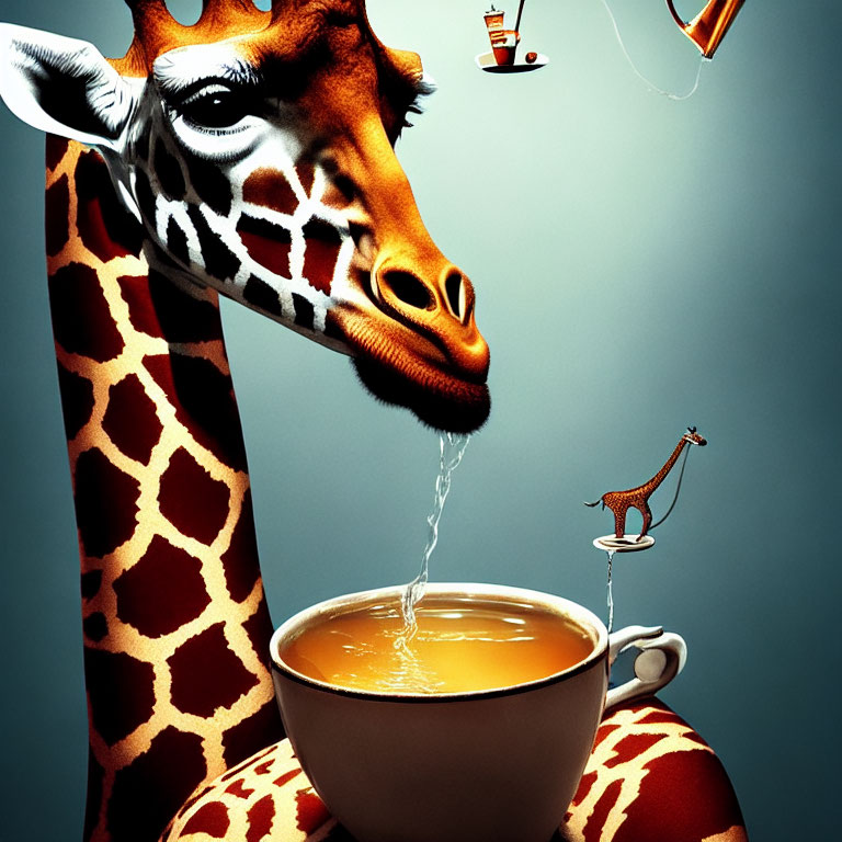 Surreal giraffe reflection pouring milk into tea