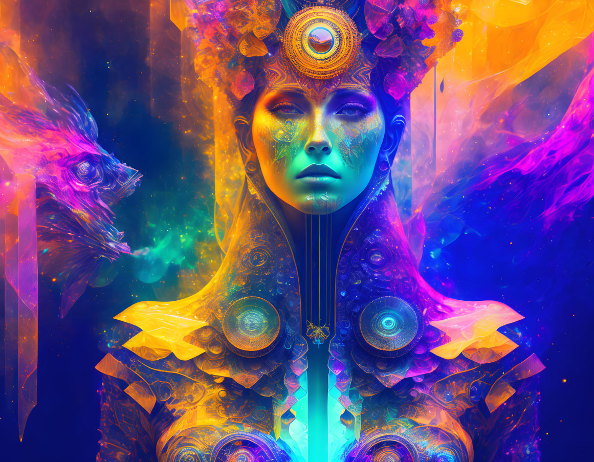 Colorful digital artwork: Woman with intricate headgear and mystical animal in cosmic setting