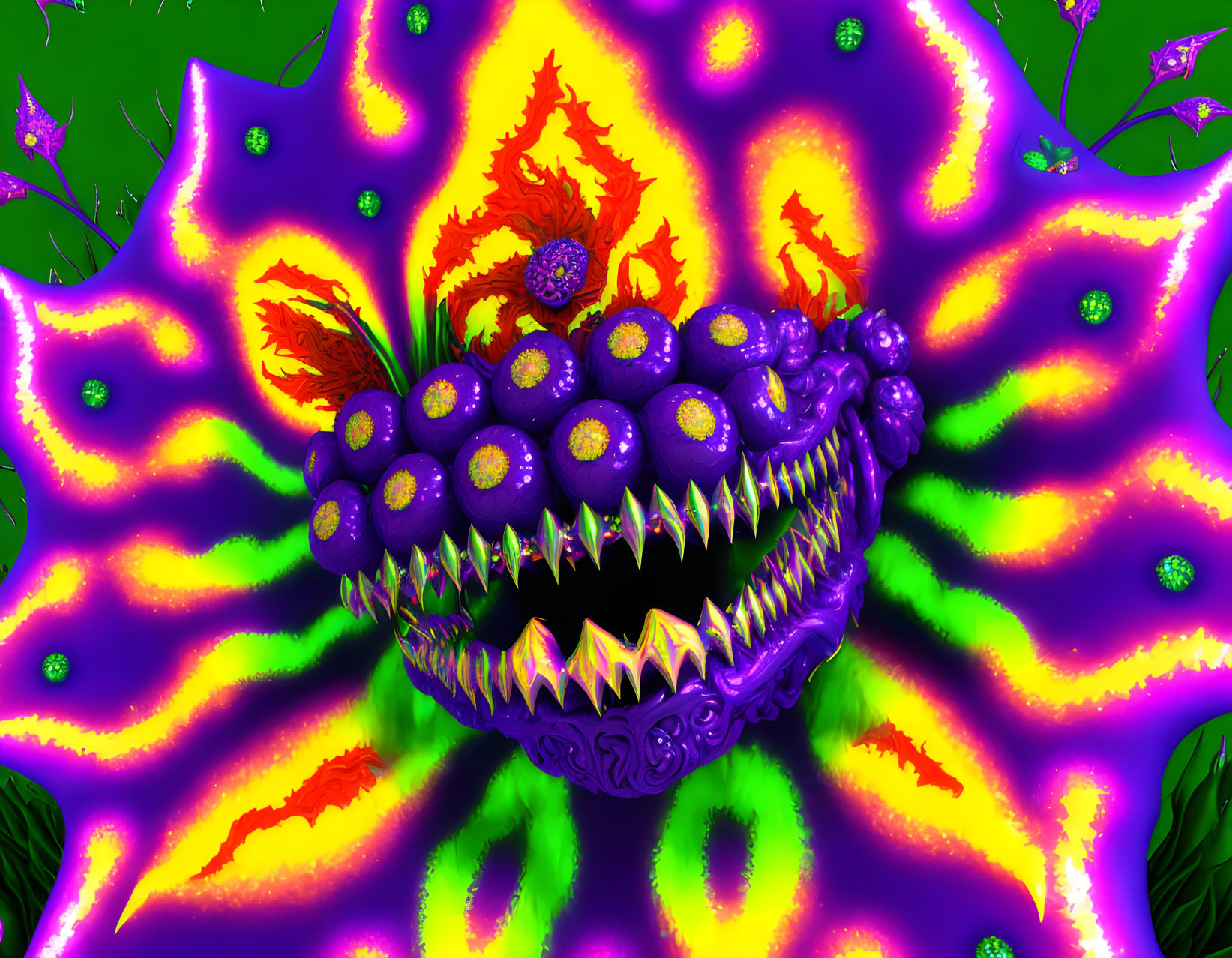 Colorful digital art: Purple creature with multiple eyes and sharp teeth on a psychedelic floral background