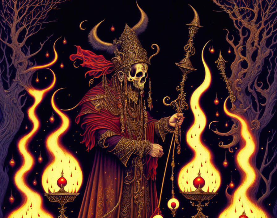 Mystical figure in ornate robes and horned crown